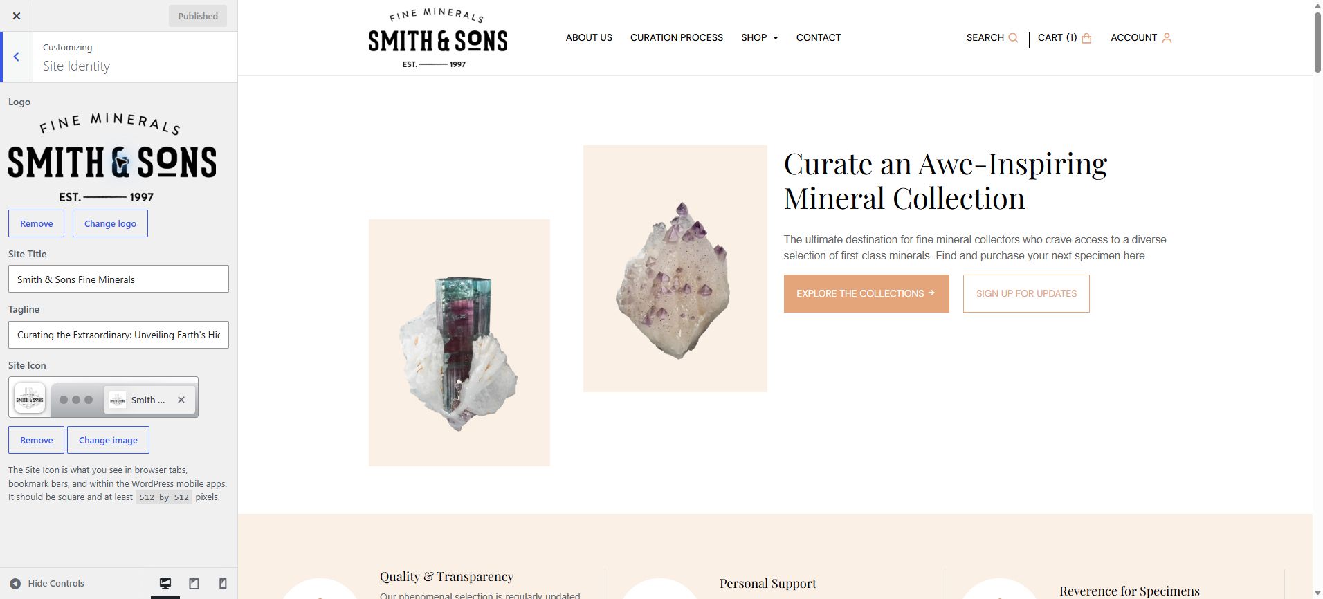 WordPress Customizer open to Site Identity, showing the current Smith & Sons logo and the Change logo button